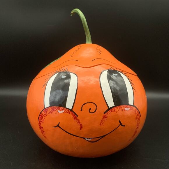 Vintage Other - Vintage Pumpkin Folk Art Gourd With Lid Bowl Hand Painted Face Halloween